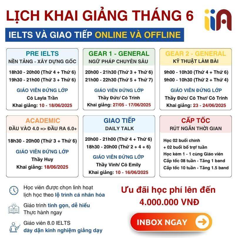 Lịch Khai Giảng IELTS & Giao Tiếp Tháng 6/2025