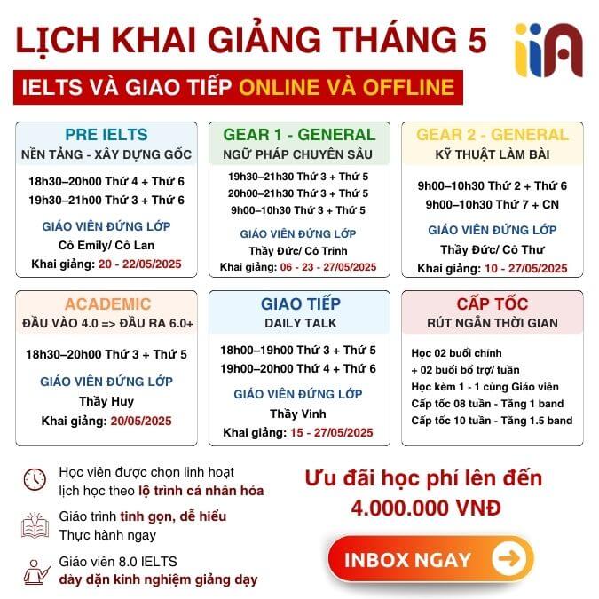 lịch khai giảng tháng 5 IELTS và giao tiếp